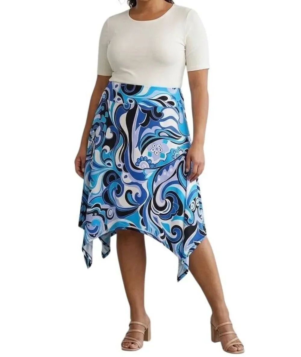 Coco Bianco blue black white abstract swirl asymmetrical handkerchief skirt L